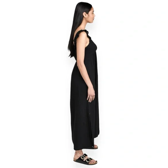 XiRENA Leyla Black Flutter Strap Cotton Gauze Lightweight Sleeveless Midi Dress